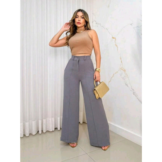Calça Pantalona Wide Leg Duna com Botão Feminina